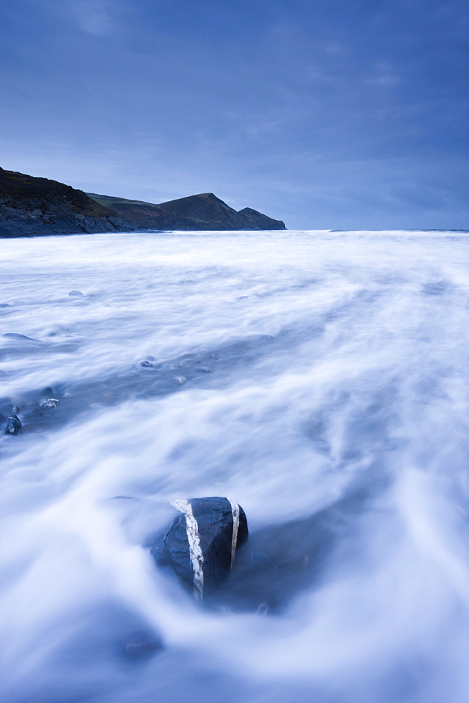 High tide at twilight on Crackington Haven beach, Cornwall, England, United Kingdom, Europe