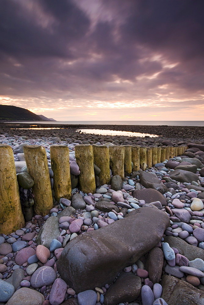 Low tide on Bossington Beach at sunset, Exmoor National Park, Somerset, England, United Kingdom, Europe