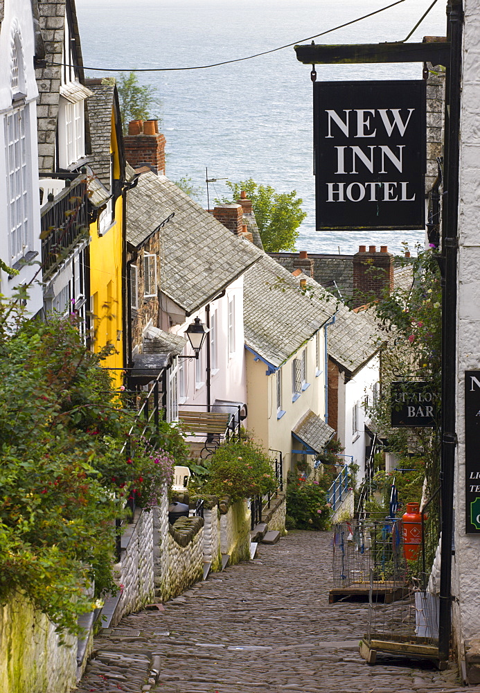 Narrow cobbled street in the fishing village of Clovelly, North Devon, England, United Kingdom, Europe