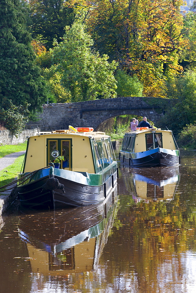 Narrowboat cruising on the Monmouthshire and Brecon Canal, Llangattock, Brecon Beacons National Park, Powys, Wales, United Kingdom, Europe