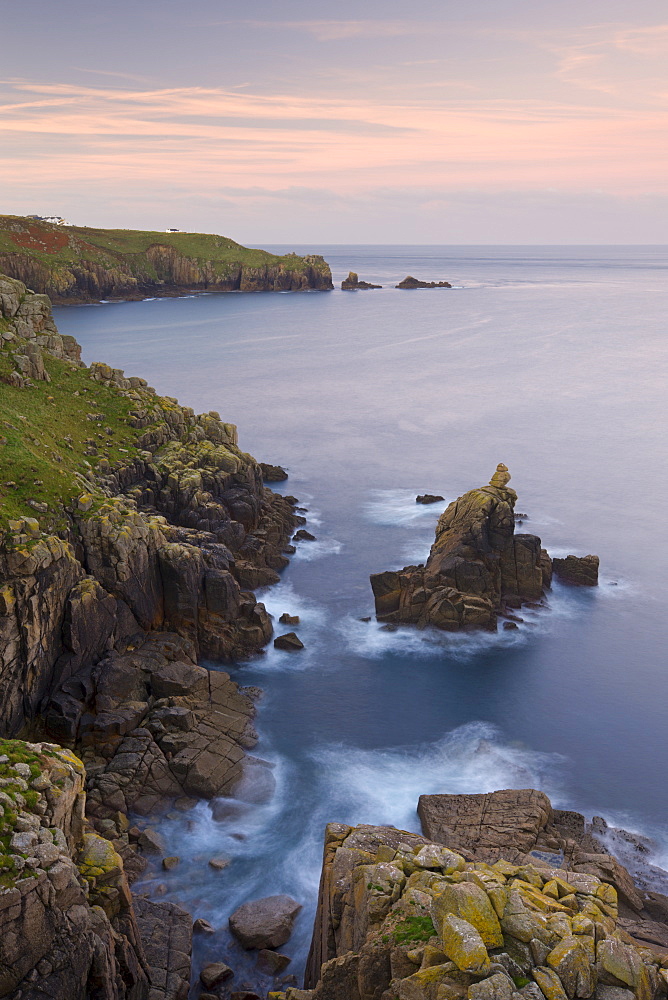 Looking towards the Irish Lady stack and Dr Syntax's Head from the cliffs of Pedn-men-du, Lands End, Cornwall, England, United Kingdom, Europe