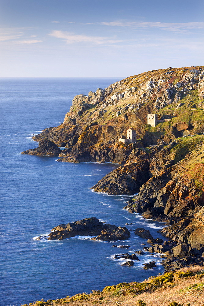 Remains of The Crowns tin mine engine houses on the Cornish Atlantic coast near Botallack, Cornwall, England, United Kingdom, Europe