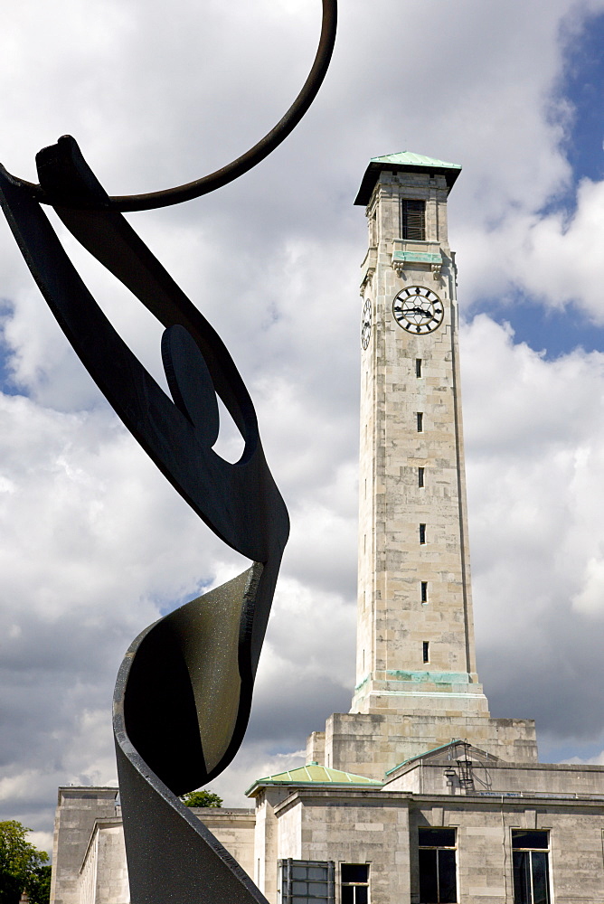 Modern art sculpture and Civic Centre tower, Southampton City, Hampshire, England, United Kingdom, Europe