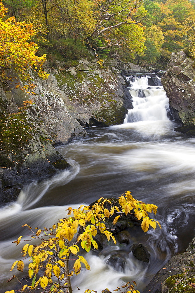 Garbe Uisge river and the Falls of Leny surrounded by autumn foliage, Loch Lomond and The Trossachs National Park, Perthshire, Scotland, United Kingdom, Europe