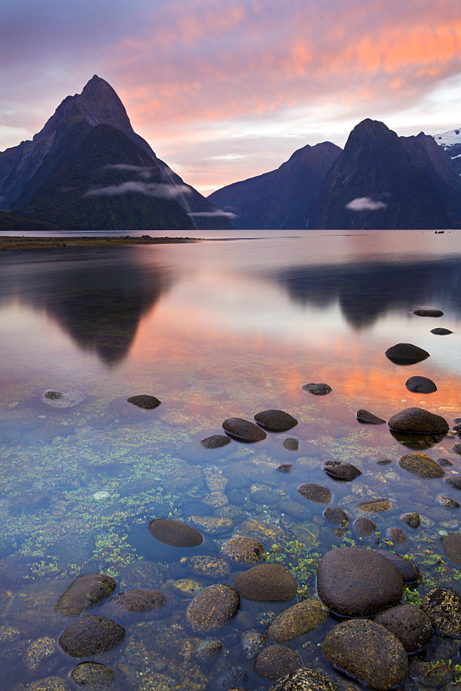 Dawn sky above Milford Sound, Fiordland National Park, UNESCO World Heritage Site, South Island, New Zealand, Pacific