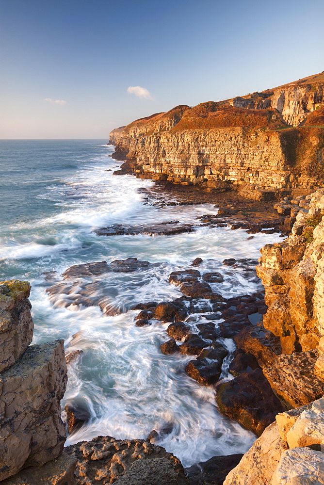 Rough seas in winter crashing around the rocks at Winspit on the Isle of Purbeck, Jurassic Coast, UNESCO World Heritage Site, Dorset, England, United Kingdom, Europe