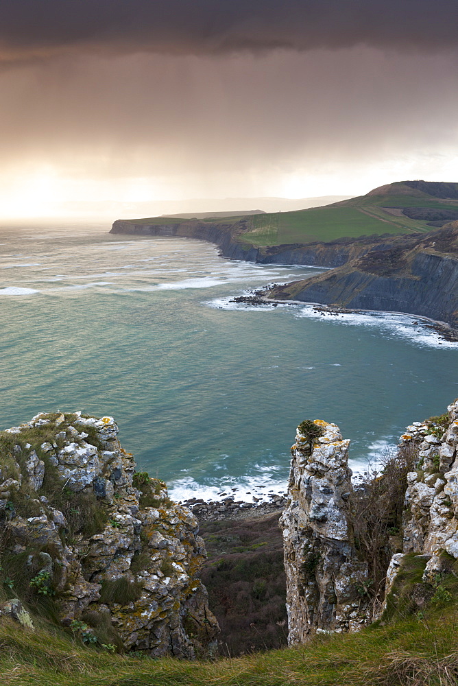 Storm approaching the Purbeck Coast viewed from Emmetts Hill, Jurassic Coast, UNESCO World Heritage Site, Dorset, England, United Kingdom, Europe