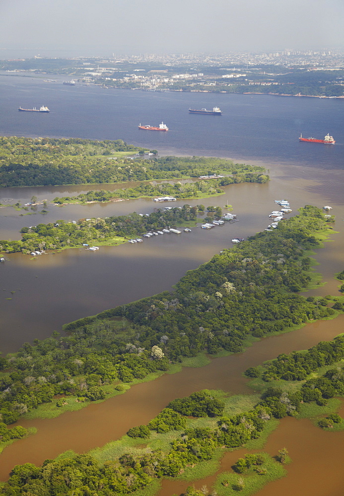 Aerial view of cargo ships on the Rio Negro, Manaus, Amazonas, Brazil, South America 