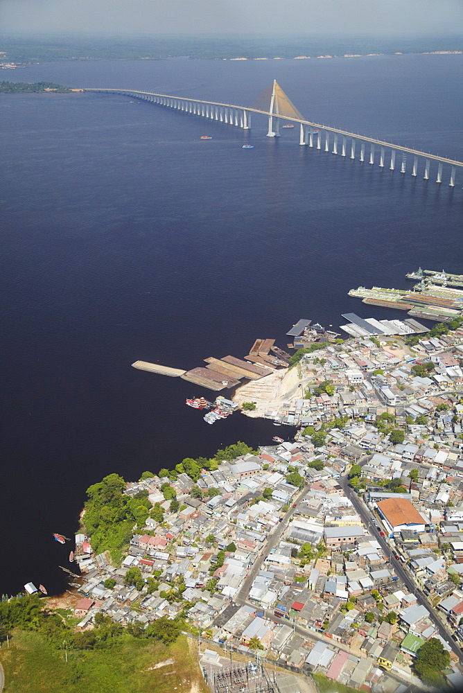 Aerial view of Ponte Rio Negro (Manaus Iranduba Bridge) crossing the Rio Negro, Manaus, Amazonas, Brazil, South America 