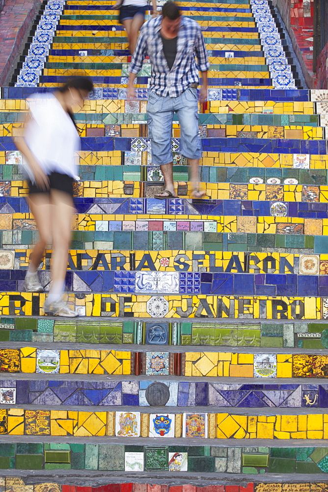 People walking down Selaron Steps (Escadaria Selaron), Lapa, Rio de Janeiro, Brazil