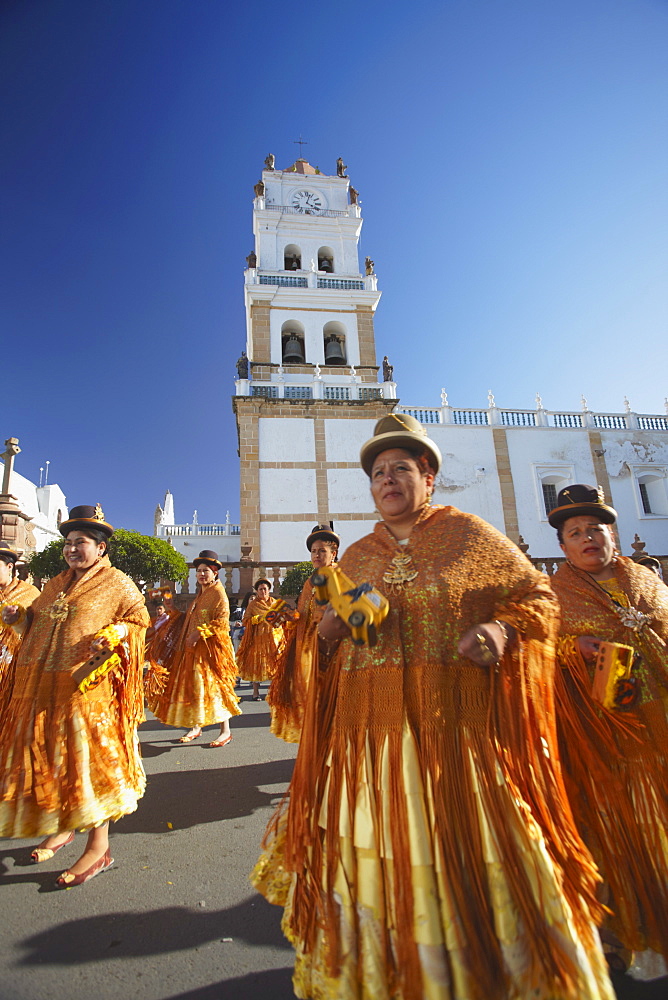 Women dancing in festival in Plaza 25 de Mayo, Sucre, UNESCO World Heritage Site, Bolivia, South America