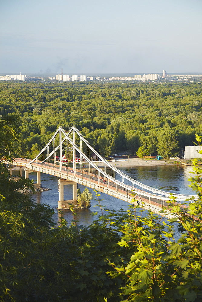 Footbridge crossing Dnipro River to East Kiev, Kiev, Ukraine, Europe