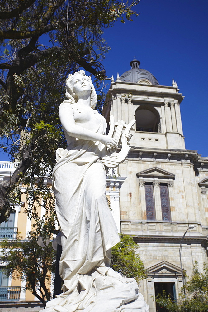 Statue outside Cathedral in Plaza Pedro Murillo, La Paz, Bolivia, South America