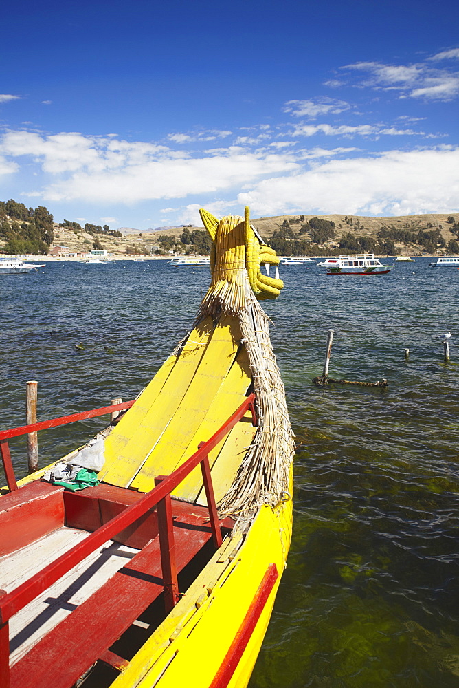 Traditional style reed boat, Copacabana, Lake Titicaca, Bolivia, South America