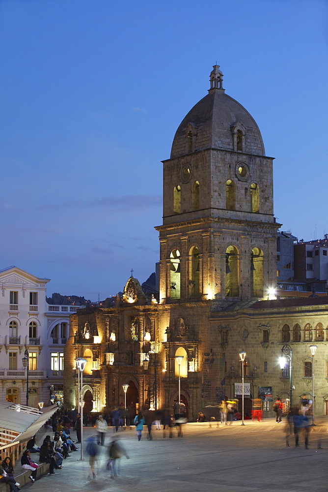 San Francisco Church in Plaza San Francisco at dusk, La Paz, Bolivia, South America