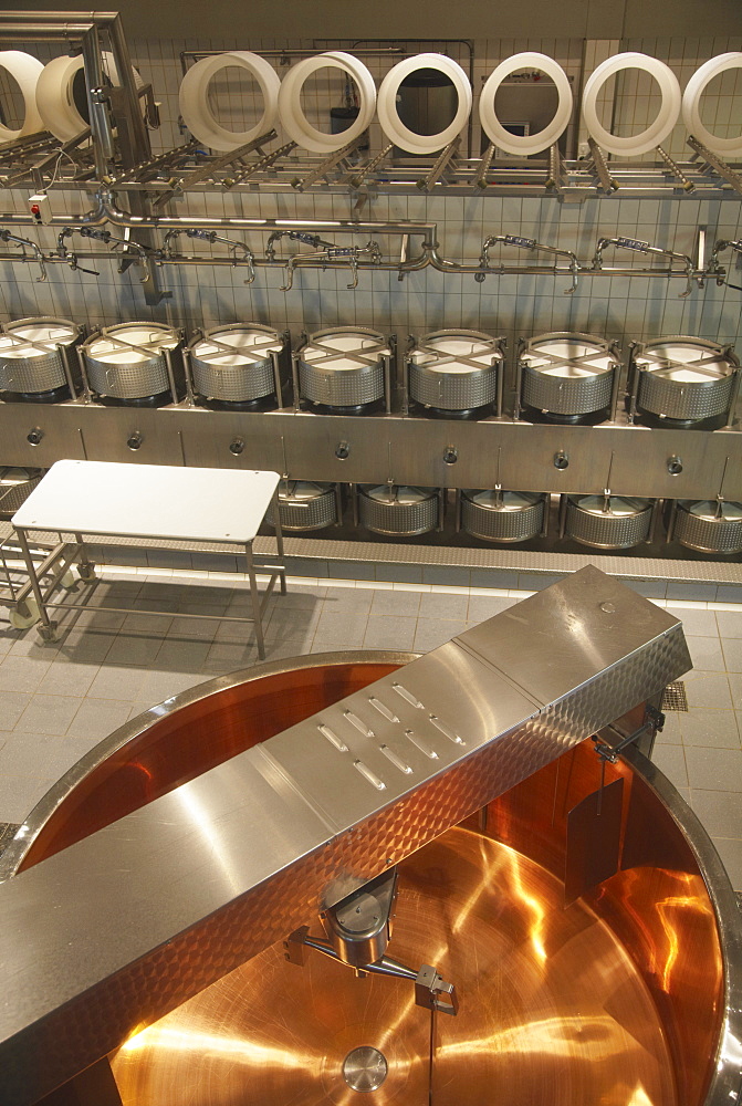 Cheese making equipment inside La Maison du Gruyere, Gruyeres, Fribourg, Switzerland, Europe