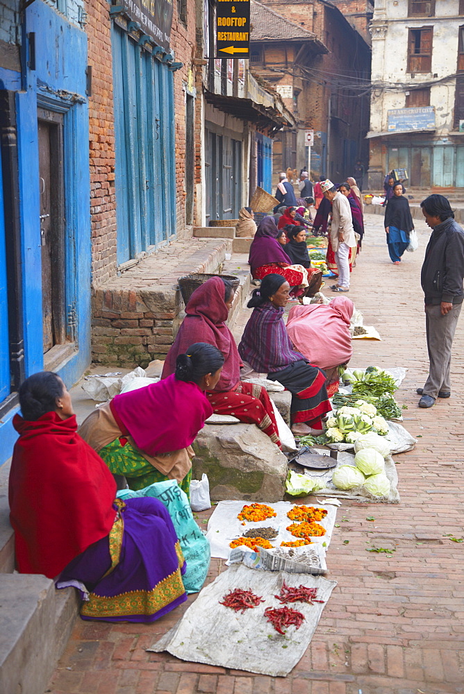 Women selling vegetables, Bhaktapur, Kathmandu Valley, Nepal, Asia