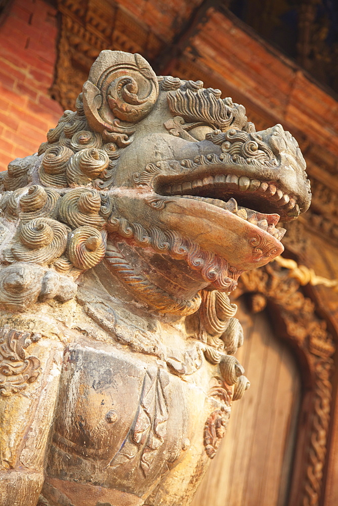 Lion statue, Durbar Square, Patan, UNESCO World Heritage Site, Kathmandu, Nepal, Asia