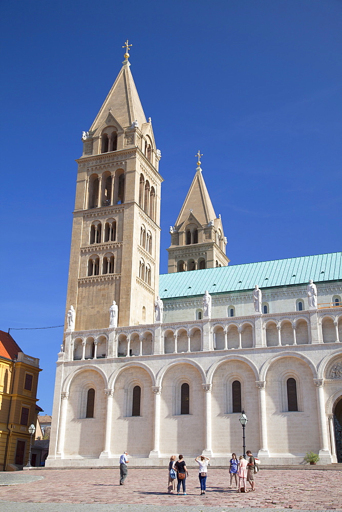 Tourists at Basilica of St. Peter, Pecs, Southern Transdanubia, Hungary, Europe