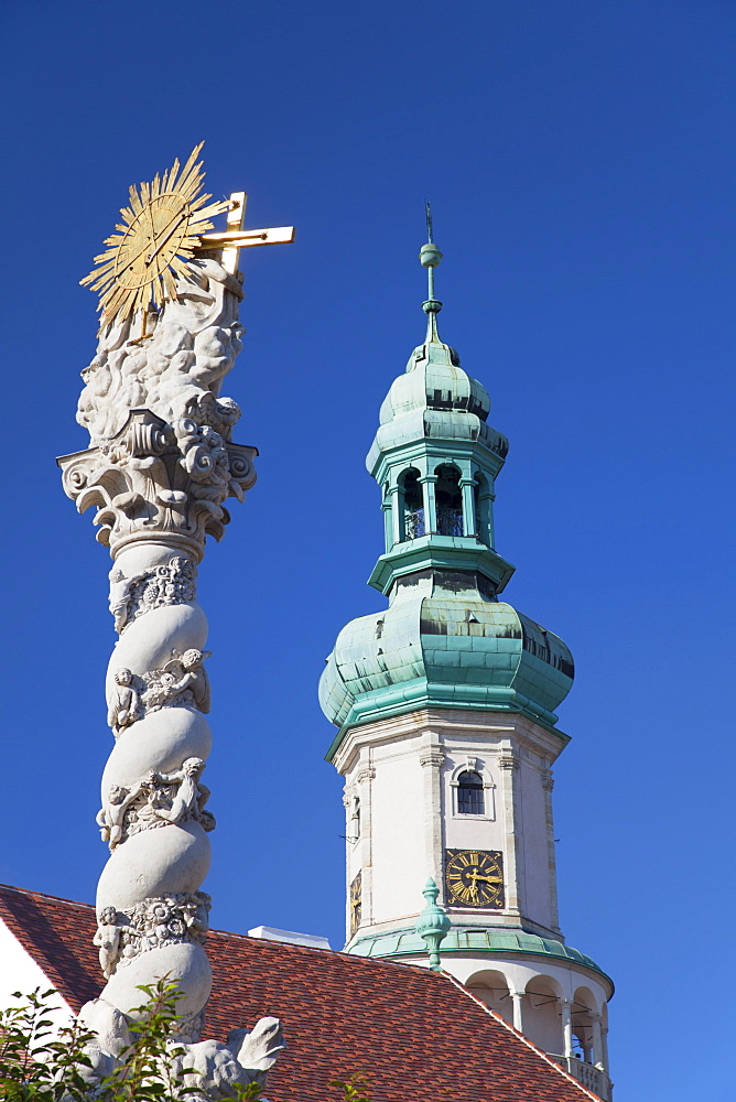 Firewatch Tower and Trinity Column in Main Square, Sopron, Western Transdanubia, Hungary, Europe