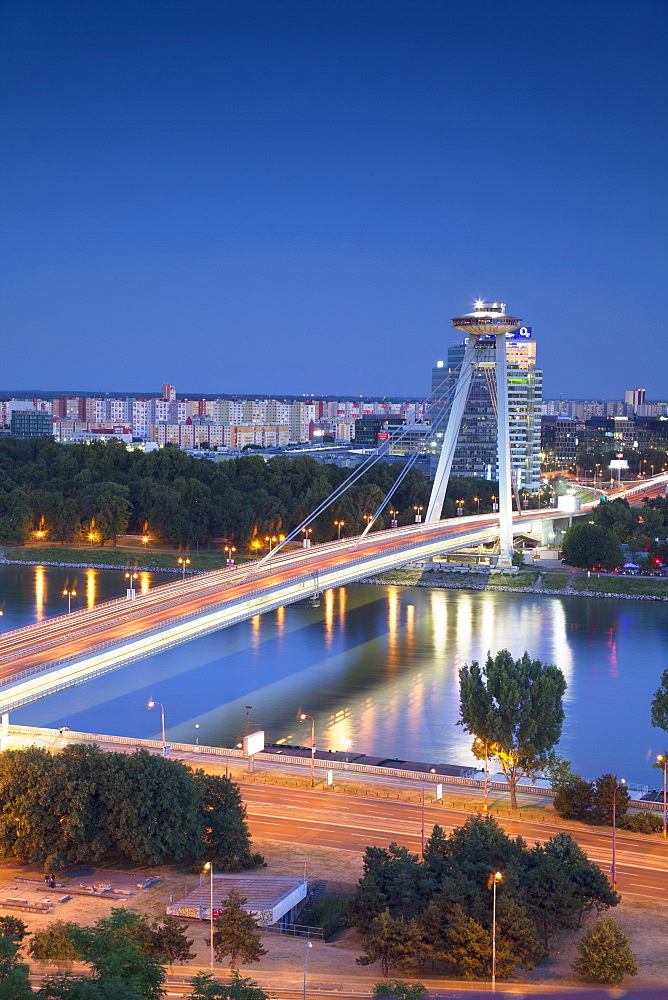 View of New Bridge over the River Danube at dusk, Bratislava, Slovakia, Europe 