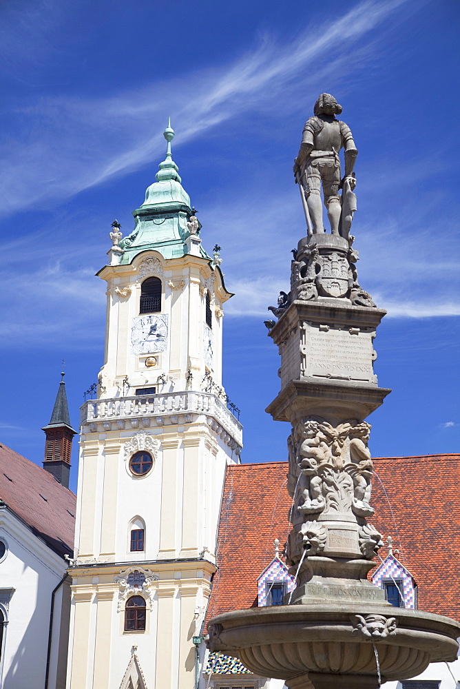 Old Town Hall and Roland's Fountain in Hlavne Nam (Main Square), Bratislava, Slovakia, Europe 