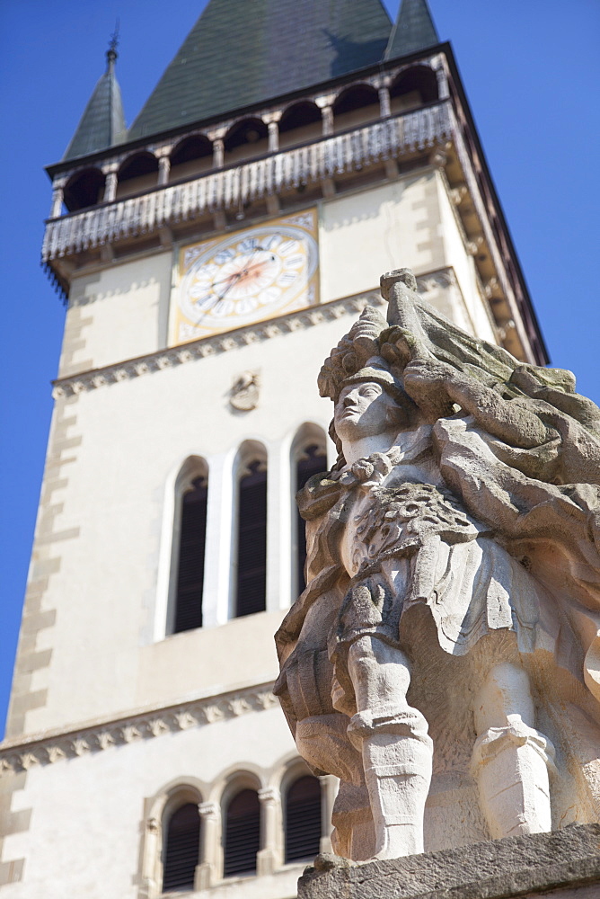 Statue outside Basilica of St. Egidius in Radnicne Square, Bardejov, UNESCO World Heritage Site, Presov Region, Slovakia, Europe 