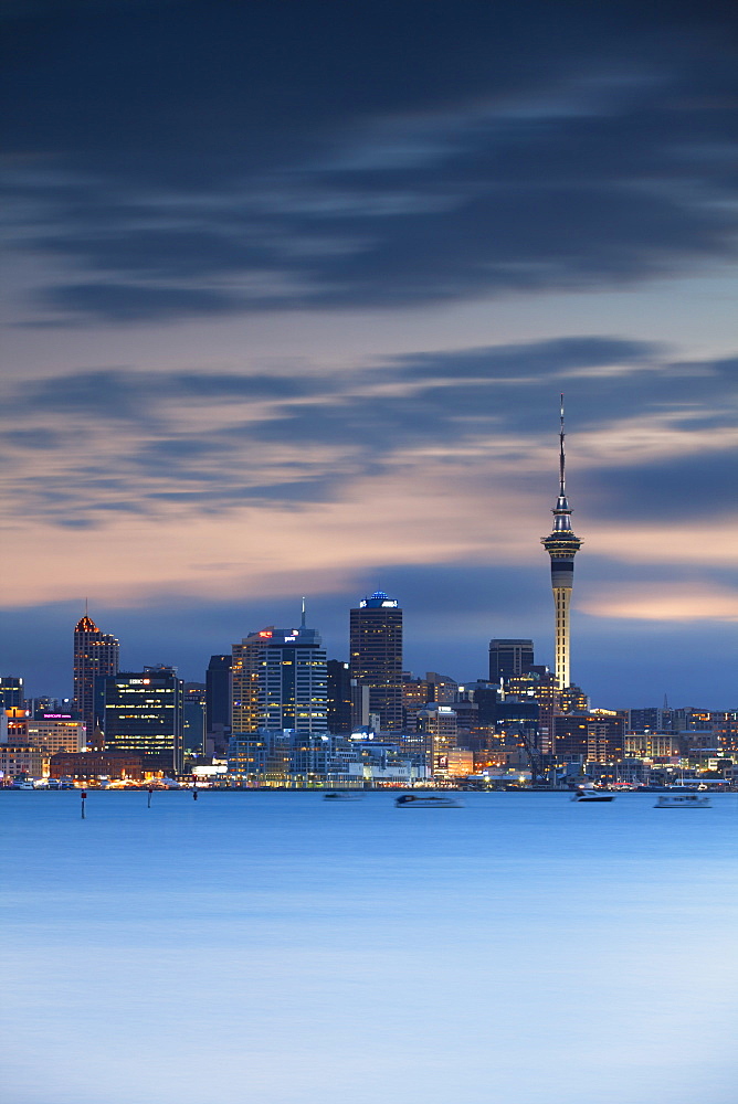 View of Auckland skyline at dusk, Auckland, North Island, New Zealand, Pacific