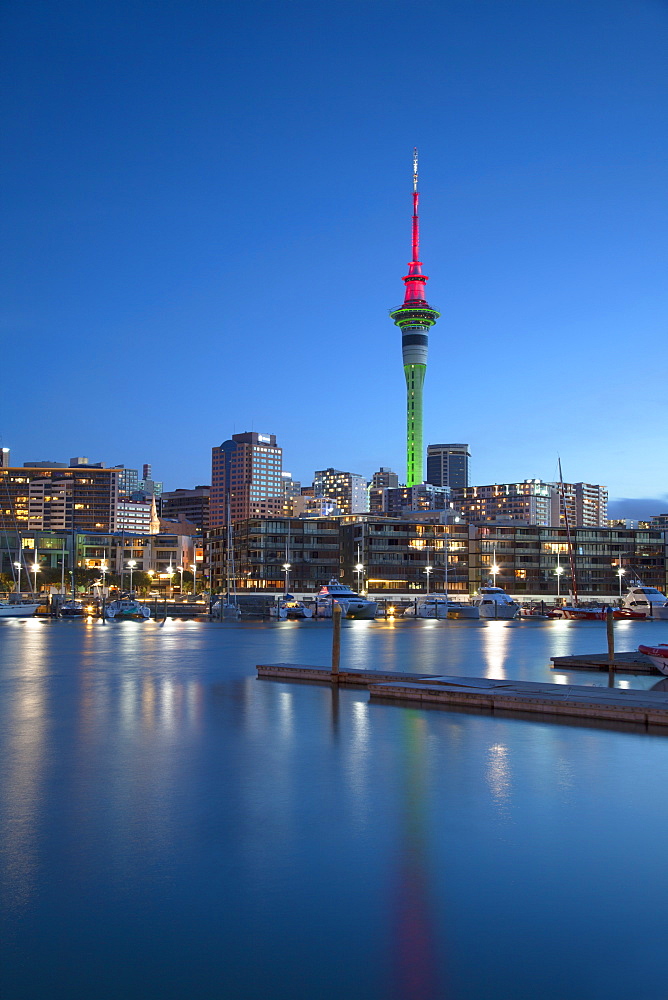 Viaduct Harbour and Sky Tower at dusk, Auckland, North Island, New Zealand, Pacific