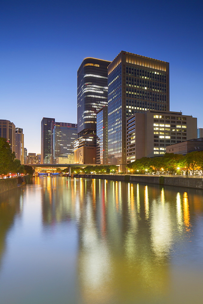 Skyscrapers on Nakanoshima Island at dusk, Kita, Osaka, Kansai, Japan, Asia