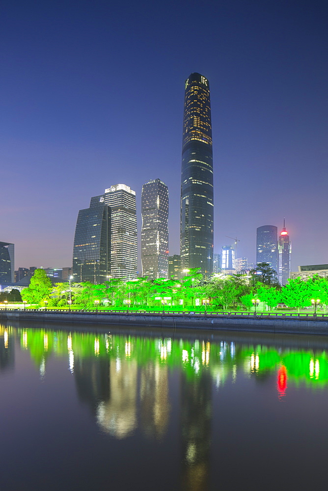 International Finance Centre and skyscrapers in Zhujiang New Town at dusk, Tian He, Guangzhou, Guangdong, China, Asia