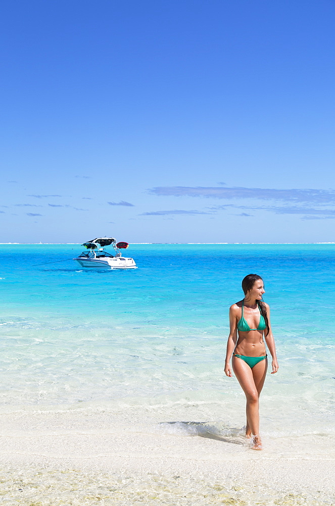 Woman on Motu Pit Aau, Bora Bora, Society Islands, French Polynesia, South Pacific, Pacific