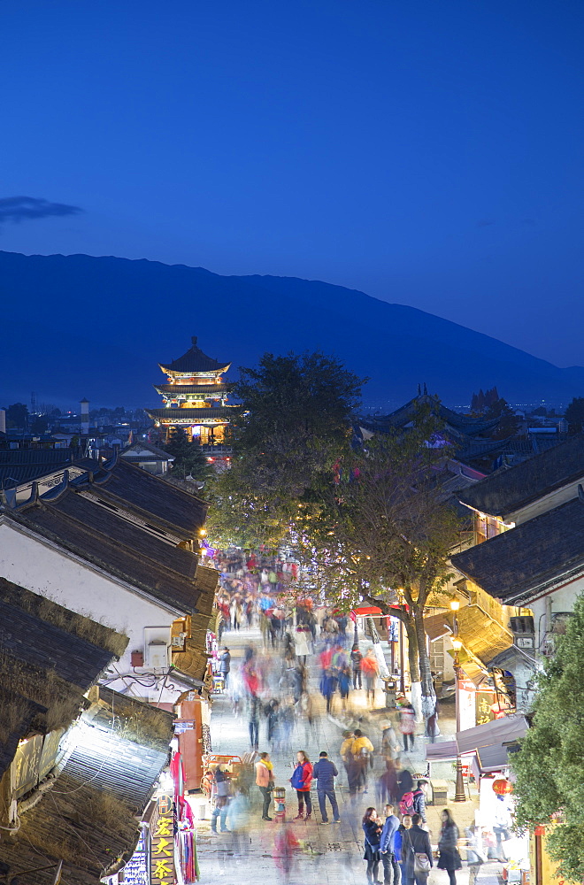 View of Dali at dusk, Yunnan, China, Asia