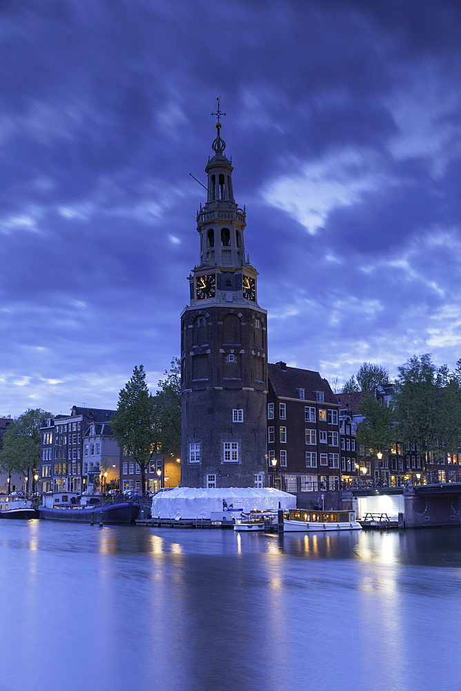 Montelbaan Tower at dusk, Amsterdam, Netherlands, Europe