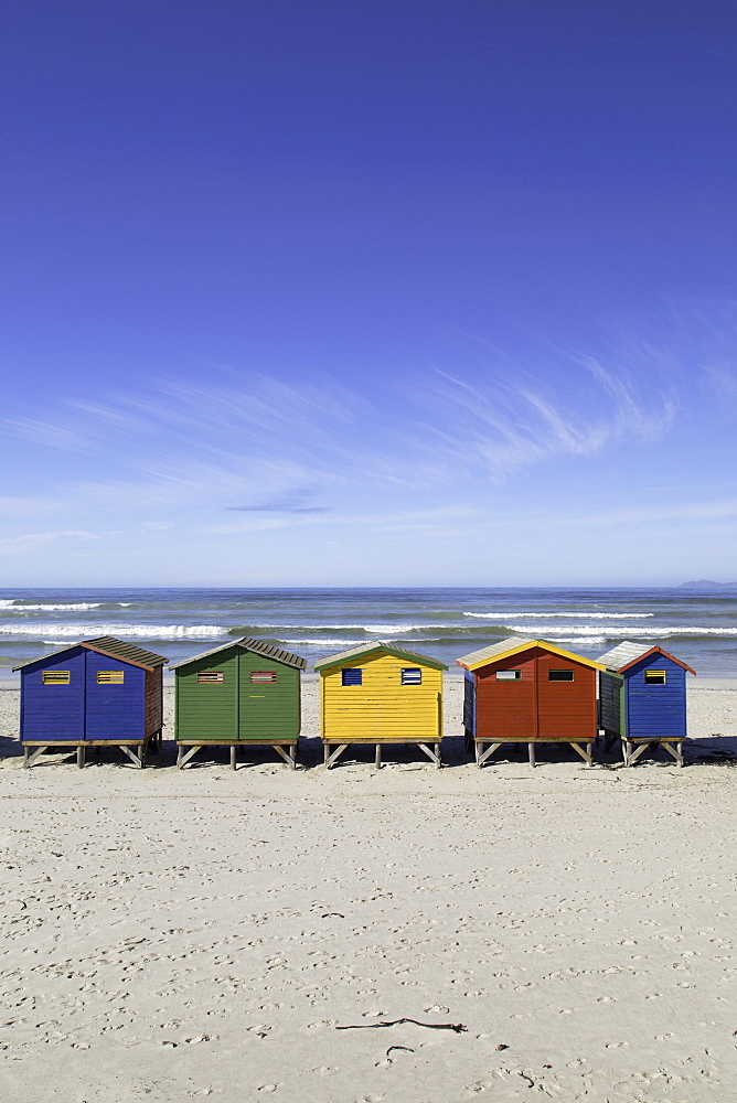 Beach huts on Muizenburg Beach, Cape Town, Western Cape, South Africa, Africa