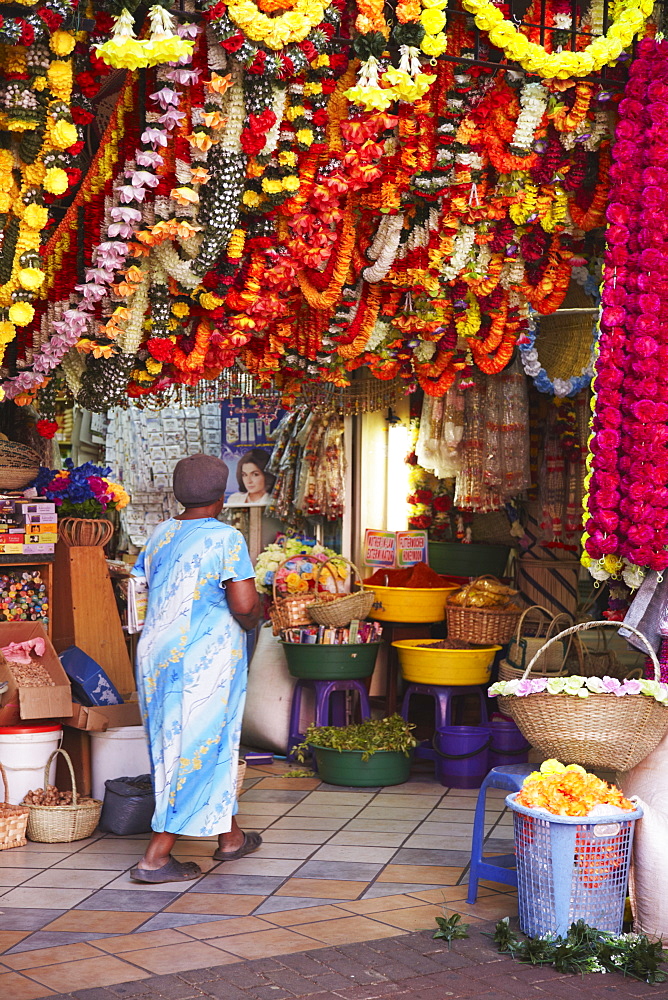 Stall selling colourful decorations at Victoria Street Market, Durban, KwaZulu-Natal, South Africa, Africa