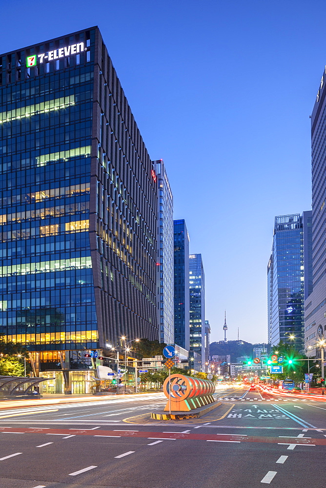 Skyscrapers and Seoul Tower at dusk, Seoul, South Korea, Asia