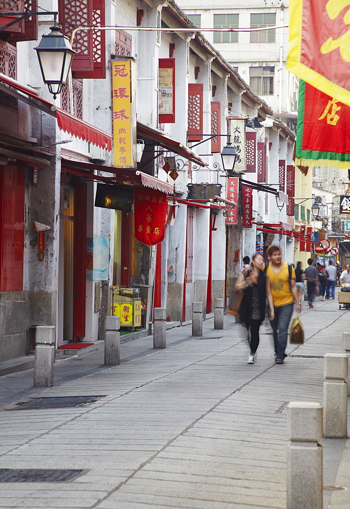 People walking along Rua da Felicidade, Macau, China, Asia