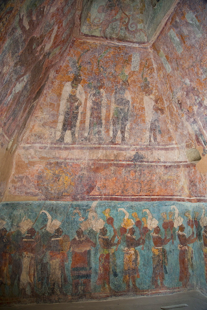 A procession of musicians in the lower panel and Maya nobles attending a ceremony at court in the top panel in Room 1, Temple of Murals, Bonampak Archaeological Zone, Chiapas, Mexico, North America 