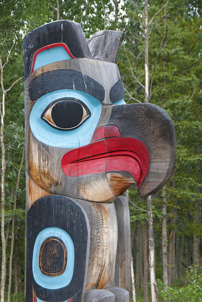 Totem pole with eagle image, Tlingit Heritage Center, Teslin, Yukon, Canada, North America