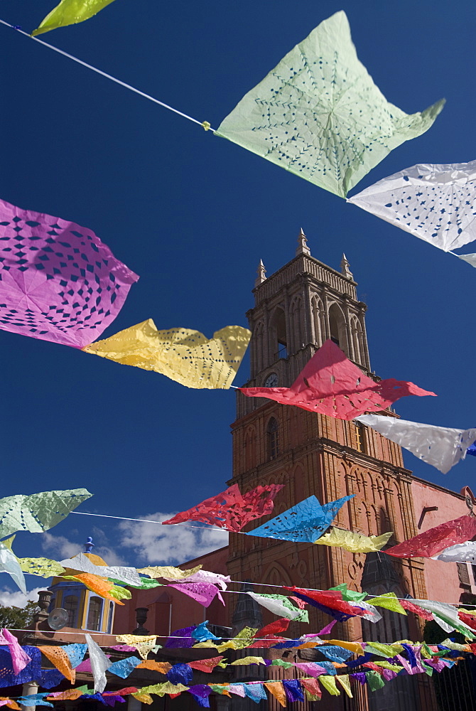 Decorations for the Day of the Dead festival with Iglesia de San Rafael in the background, Plaza Principal, San Miguel de Allende, Guanajuato, Mexico, North America