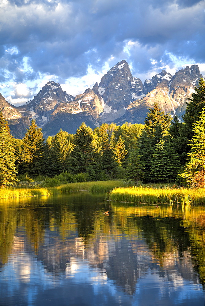 Water reflection of the Teton Range, taken from the end Schwabacher Road, Grand Teton National Park, Wyoming, United States of America, North America