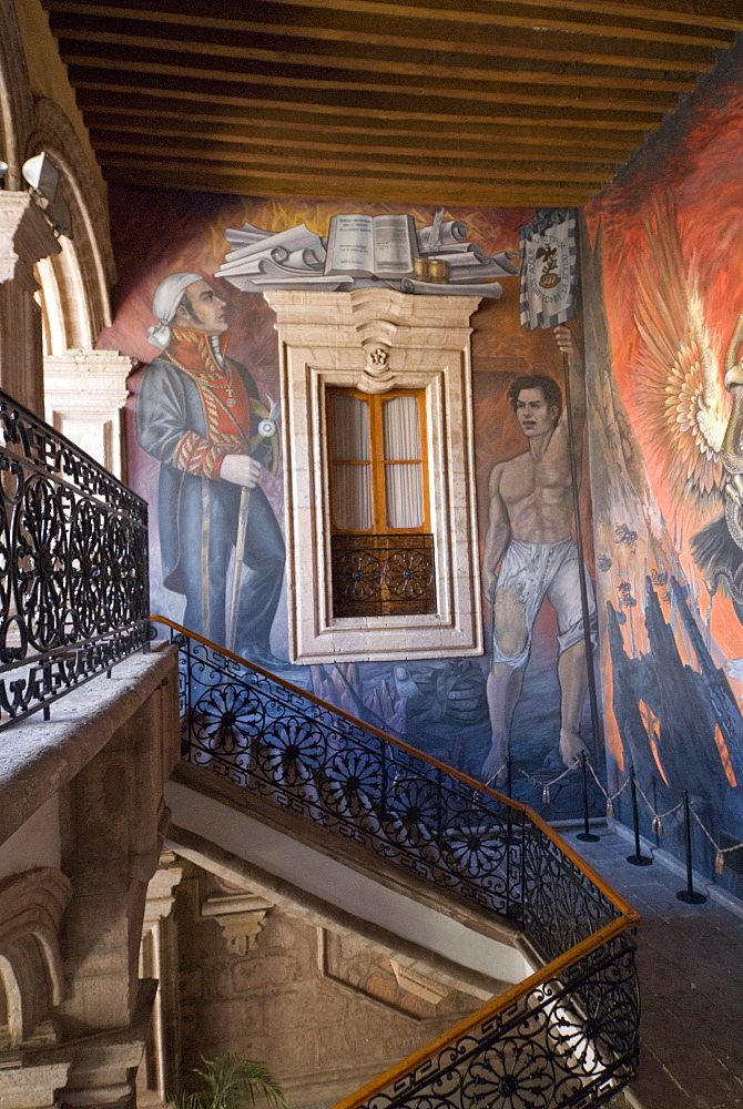 Murals of the revolutionary hero Jose Maria Morelos, painted by Agustin Cardenas in the Palicio de Justica, Morelia, Michoacan, Mexico, North America