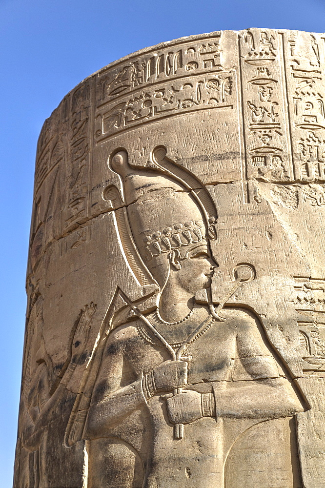 Bas-relief on pillar, Forecourt, Temple of Haroeris and Sobek, Kom Ombo, Egypt, North Africa, Africa