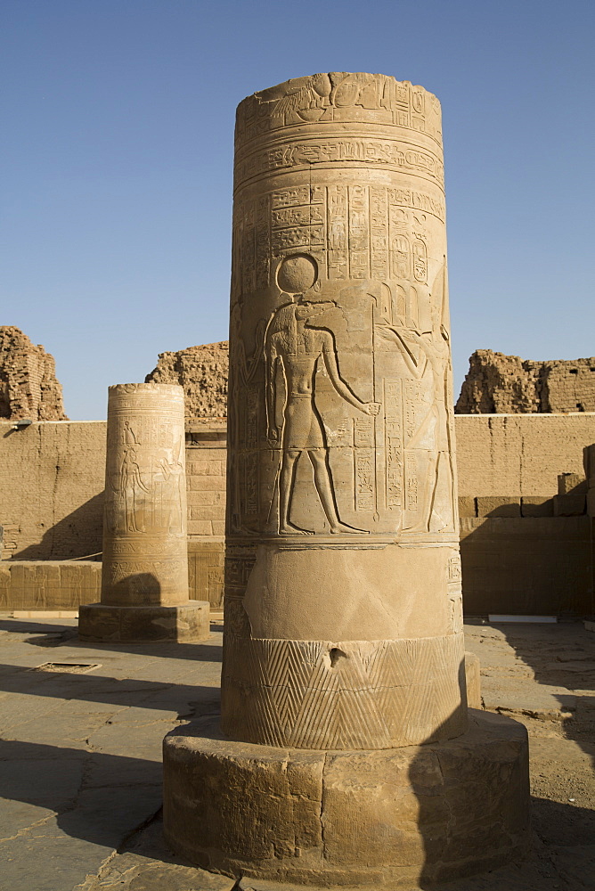 Pillars with bas-relief of the God Sobek, Forecourt, Temple of Haroeris and Sobek, Kom Ombo, Egypt, North Africa, Africa