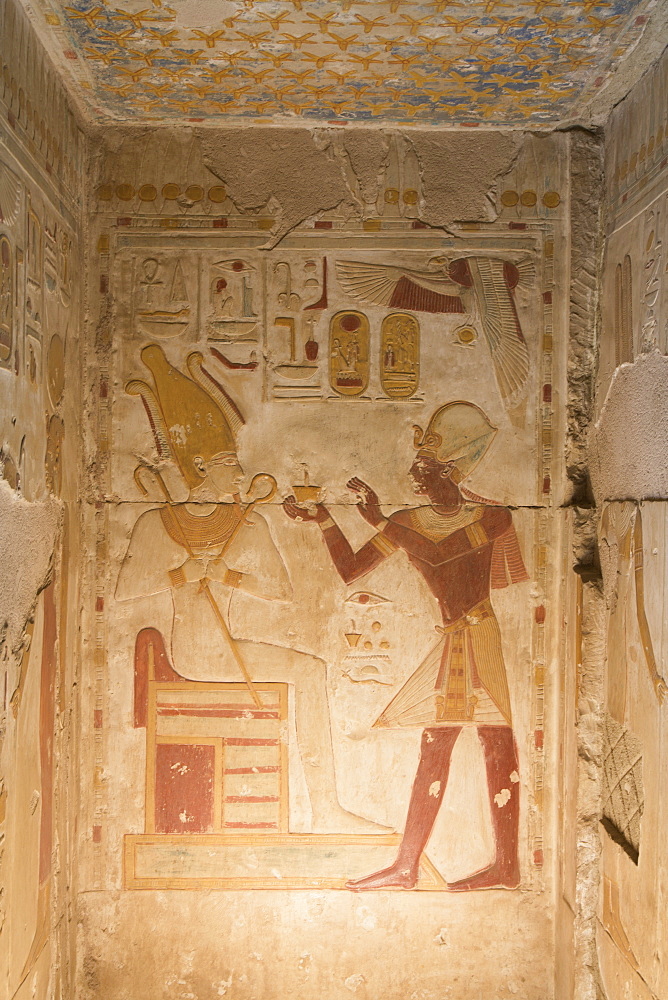 Bas-relief, Pharaoh Seti I on right, Temple of Seti I, Abydos, Egypt, North Africa, Africa