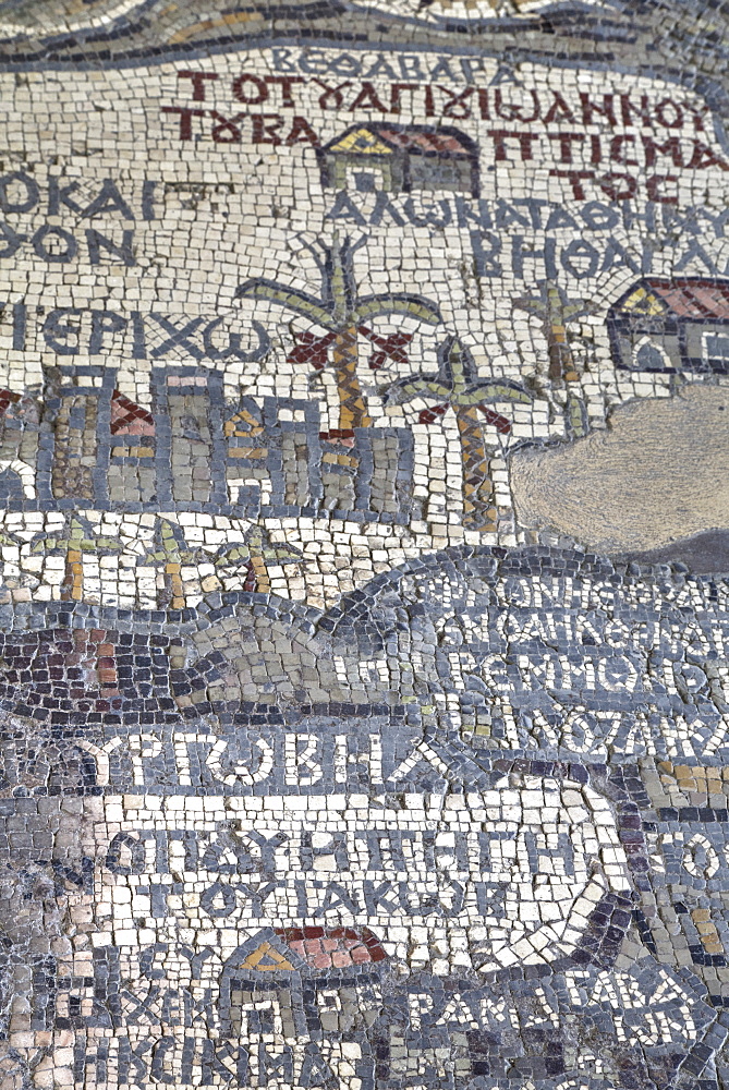 Oldest map of Palestine, mosaic, dated AD 560, St. George's Church, Madaba, Jordan, Middle East