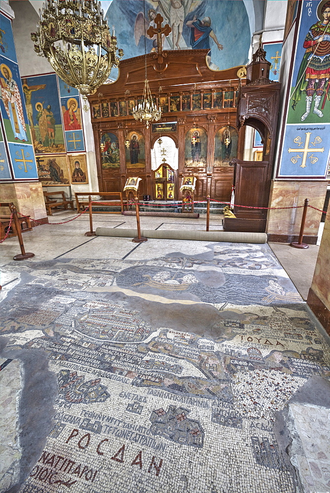 Oldest map of Palestine, mosaic, dated AD 560, St. George's Church, Madaba, Jordan, Middle East