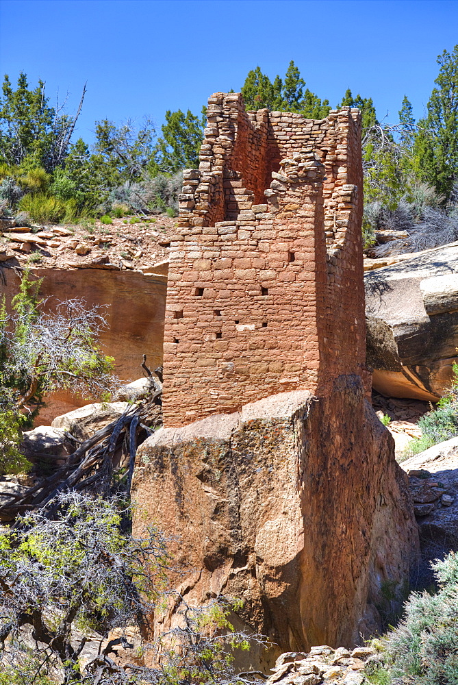 Ruins of Ancestral Puebloans, Square Tower, dating from between 900 AD and 1200 AD, Holly Group, Hovenweep National Monument, Utah, United States of America, North America