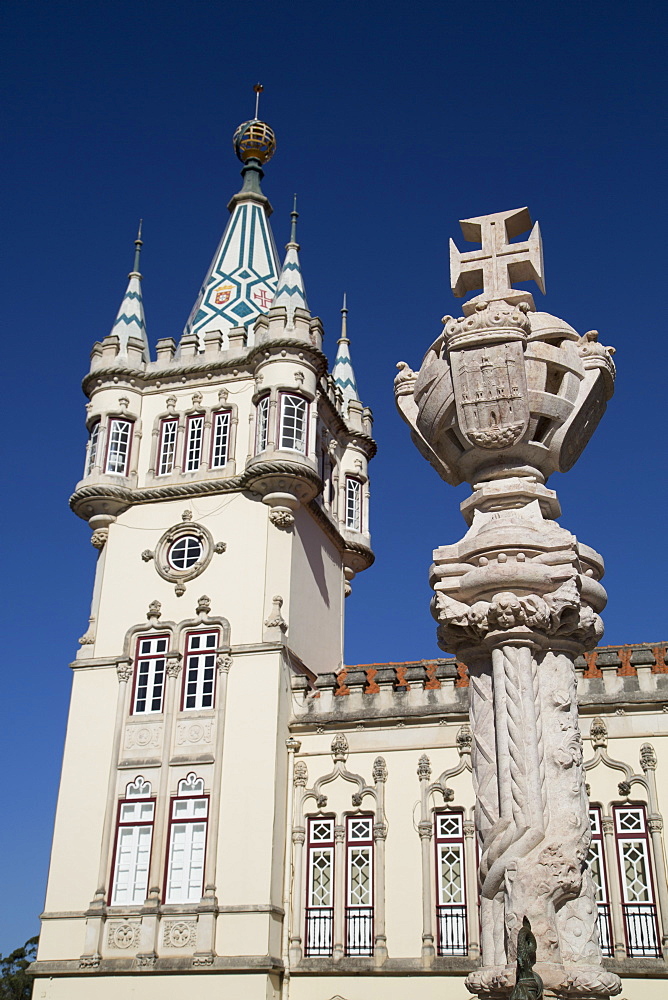 Upper Part of Gothic Fountan in foreground with Town Hall Tower in background, Sintra, UNESCO World Heritage Site, Portugal, Europe